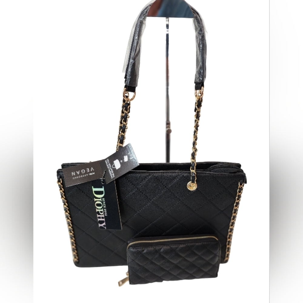 Diophy 2-N-1 Vegan Black Leather Purse with Matching Wallet